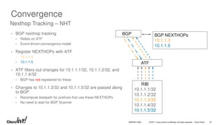 © 2017 Cisco and/or its affiliates. All rights reserved. Cisco Public
Convergence
• BGP nexthop tracking
• Relies on ATF
• Event driven convergence model
• Register NEXTHOPs with ATF
• 10.1.1.3
• 10.1.1.5
• ATF filters out changes for 10.1.1.1/32, 10.1.1.2/32, and
10.1.1.4/32
• BGP has not registered for these
• Changes to 10.1.1.3/32 and 10.1.1.5/32 are passed along
to BGP
• Recompute bestpath for prefixes that use these NEXTHOPs
• No need to wait for BGP Scanner
Nexthop Tracking – NHT
RIB
10.1.1.1/32
10.1.1.2/32
10.1.1.3/32
10.1.1.4/32
10.1.1.5/32
ATF
BGP NEXTHOPs
10.1.1.3
10.1.1.5
BGP
BRKRST-3320 57
 