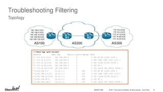 © 2017 Cisco and/or its affiliates. All rights reserved. Cisco Public
Troubleshooting Filtering
Topology
R2#show bgp ipv4 unicast
Network Next Hop Metric LocPrf Weight Path
*> 172.16.0.0/24 192.168.200.3 0 0 300 80 90 21003 2100 i
*> 172.16.4.0/23 192.168.200.3 0 0 300 1080 1090 1100 1110 i
*> 172.16.16.0/22 192.168.200.3 0 0 300 11234 21234 31234 i
*> 172.16.99.0/24 192.168.200.3 0 0 300 40 i
*> 172.16.129.0/24 192.168.200.3 0 0 300 10010 300 30010 30050 i
*>i192.168.0.0 10.12.1.1 0 100 0 100 80 90 21003 2100 i
*>i192.168.4.0/23 10.12.1.1 0 100 0 100 1080 1090 1100 1110 i
*>i192.168.16.0/22 10.12.1.1 0 100 0 100 11234 21234 31234 i
*>i192.168.99.0 10.12.1.1 0 100 0 100 40 i
*>i192.168.129.0 10.12.1.1 0 100 0 100 10010 300 30010 30050 i
BRKRST-3320 72
 
