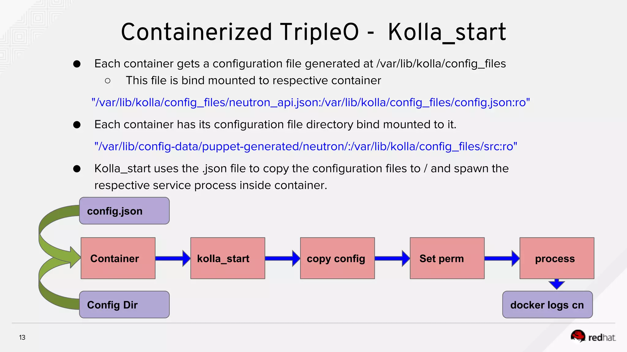 13
Containerized TripleO - Kolla_start
● Each container gets a configuration file generated at /var/lib/kolla/config_files
○ This file is bind mounted to respective container
"/var/lib/kolla/config_files/neutron_api.json:/var/lib/kolla/config_files/config.json:ro"
● Each container has its configuration file directory bind mounted to it.
"/var/lib/config-data/puppet-generated/neutron/:/var/lib/kolla/config_files/src:ro"
● Kolla_start uses the .json file to copy the configuration files to / and spawn the
respective service process inside container.
Container kolla_start copy config Set perm process
config.json
Config Dir docker logs cn
 
