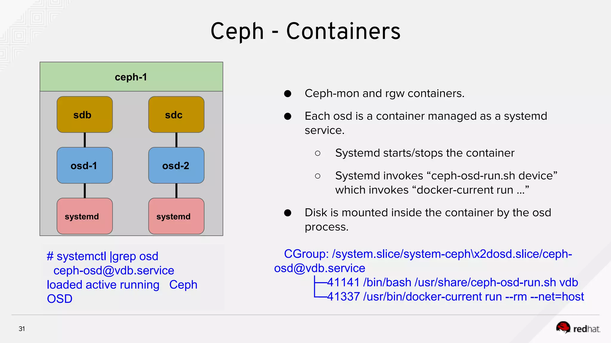 osd-1
31
Ceph - Containers
● Ceph-mon and rgw containers.
● Each osd is a container managed as a systemd
service.
○ Systemd starts/stops the container
○ Systemd invokes “ceph-osd-run.sh device”
which invokes “docker-current run …”
● Disk is mounted inside the container by the osd
process.
ceph-1
systemd
sdb
osd-2
systemd
sdc
# systemctl |grep osd
ceph-osd@vdb.service
loaded active running Ceph
OSD
CGroup: /system.slice/system-cephx2dosd.slice/ceph-
osd@vdb.service
├─41141 /bin/bash /usr/share/ceph-osd-run.sh vdb
└─41337 /usr/bin/docker-current run --rm --net=host
 
