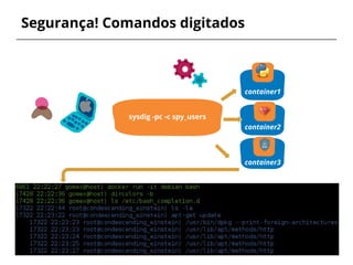 Segurança! Comandos digitados
container1
sysdig -pc -c spy_users
container2
container3
 