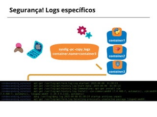 Segurança! Logs específicos
container1
sysdig -pc -cspy_logs
container.name=container3
container2
container3
 