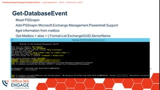 Troubleshooting Exchange ActiveSync Devices | Ingo Gegenwarth | 09:15 – 10:30 June 21, 2017
Follow us:
#O365ENGAGE17
Get-DatabaseEvent
#load PSSnapin
Add-PSSnapin Microsoft.Exchange.Management.Powershell.Support
#get information from mailbox
Get-Mailbox < alias > | Format-List ExchangeGUID,ServerName
 