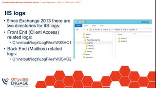 Troubleshooting Exchange ActiveSync Devices | Ingo Gegenwarth | 09:15 – 10:30 June 21, 2017
IIS logs
• Since Exchange 2013 there are
two directories for IIS logs:
• Front End (Client Access)
related logs:
• C:inetpublogsLogFilesW3SVC1
• Back End (Mailbox) related
logs:
• C:inetpublogsLogFilesW3SVC2
 