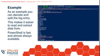Troubleshooting Exchange ActiveSync Devices | Ingo Gegenwarth | 09:15 – 10:30 June 21, 2017
Example
As an example you
can decode and
split the log entry.
This makes it easier
to read and extract
data from.
PowerShell is fast
and almost always
available.
 