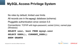 MySQL Access Privilege System

No roles by default, limited user limits
All records are in the mysql database (schema)
Pluggable authentication since version 5.5
Connections: TCP/IP with login-password, socket (Unix), named pipe
(Windows)

SELECT user, host FROM mysql.user
SELECT USER(), CURRENT_USER()
SHOW GRANTS
12Copyright © 2013, Oracle and/or its affiliates. All rights reserved.

 