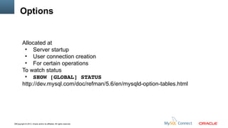 Options

Allocated at
●
Server startup
●
User connection creation
●
For certain operations
To watch status
●
SHOW [GLOBAL] STATUS
http://dev.mysql.com/doc/refman/5.6/en/mysqld-option-tables.html

18Copyright © 2013, Oracle and/or its affiliates. All rights reserved.

 
