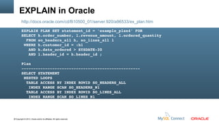 EXPLAIN in Oracle
http://docs.oracle.com/cd/B10500_01/server.920/a96533/ex_plan.htm
EXPLAIN PLAN SET statement_id = 'example_plan4' FOR
SELECT h.order_number, l.revenue_amount, l.ordered_quantity
  FROM so_headers_all h, so_lines_all l
 WHERE h.customer_id = :b1
   AND h.date_ordered > SYSDATE­30
   AND l.header_id = h.header_id ;
Plan
­­­­­­­­­­­­­­­­­­­­­­­­­­­­­­­­­­­­­­­­­­­­­­­­­­
SELECT STATEMENT
 NESTED LOOPS
  TABLE ACCESS BY INDEX ROWID SO_HEADERS_ALL
   INDEX RANGE SCAN SO_HEADERS_N1
  TABLE ACCESS BY INDEX ROWID SO_LINES_ALL
   INDEX RANGE SCAN SO_LINES_N1

21Copyright © 2013, Oracle and/or its affiliates. All rights reserved.

 