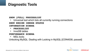 Diagnostic Tools

SHOW [FULL] PROCESSLIST
●
Universal tool which lists all currently running connections
SHOW ENGINE INNODB STATUS
INFORMATION SCHEMA
●
PROCESSLIST
●
InnoDB tables
PERFORMANCE SCHEMA
●
MDL locks
Unlocking MySQL: Dealing with Locking in MySQL [CON4038, passed]

30Copyright © 2013, Oracle and/or its affiliates. All rights reserved.

 