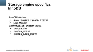 Storage engine specifics
InnoDB
InnoDB Monitors
●
SHOW ENGINE INNODB STATUS
●
Lock Monitor
INFORMATION_SCHEMA tables
●
INNODB_TRX
●
INNODB_LOCKS
●
INNODB_LOCK_WAITS

35Copyright © 2013, Oracle and/or its affiliates. All rights reserved.

 