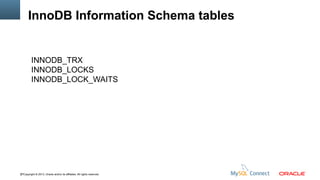 InnoDB Information Schema tables

INNODB_TRX
INNODB_LOCKS
INNODB_LOCK_WAITS

87Copyright © 2013, Oracle and/or its affiliates. All rights reserved.

 