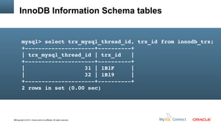 InnoDB Information Schema tables

mysql> select trx_mysql_thread_id, trx_id from innodb_trx;
+­­­­­­­­­­­­­­­­­­­­­+­­­­­­­­­­+
| trx_mysql_thread_id | trx_id   |
+­­­­­­­­­­­­­­­­­­­­­+­­­­­­­­­­+
|                  31 | 1B1F     |
|                  32 | 1B19     |
+­­­­­­­­­­­­­­­­­­­­­+­­­­­­­­­­+
2 rows in set (0.00 sec)

89Copyright © 2013, Oracle and/or its affiliates. All rights reserved.

 