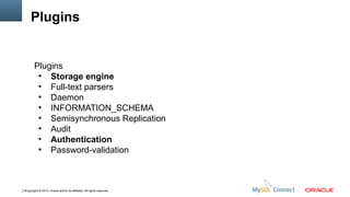Plugins

Plugins
●
Storage engine
●
Full-text parsers
●
Daemon
●
INFORMATION_SCHEMA
●
Semisynchronous Replication
●
Audit
●
Authentication
●
Password-validation

9Copyright © 2013, Oracle and/or its affiliates. All rights reserved.

 