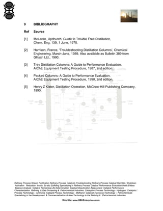 9

BIBLIOGRAPHY

Ref

Source

[1]

McLaren, Upchurch, Guide to Trouble Free Distillation,
Chem. Eng, 139, 1 June, 1970.

[2]

Harrison, France, 'Troubleshooting Distillation Columns', Chemical
Engineering, March-June, 1989. Also available as Bulletin 389 from
Glitsch Ltd., 1990.

[3]

Tray Distillation Columns: A Guide to Performance Evaluation.
AIChE Equipment Testing Procedure, 1987, 2nd edition.

[4]

Packed Columns: A Guide to Performance Evaluation.
AIChE Equipment Testing Procedure, 1990, 2nd edition.

[5]

Henry Z Kister, Distillation Operation, McGraw-Hill Publishing Company,
1990.

Refinery Process Stream Purification Refinery Process Catalysts Troubleshooting Refinery Process Catalyst Start-Up / Shutdown
Activation Reduction In-situ Ex-situ Sulfiding Specializing in Refinery Process Catalyst Performance Evaluation Heat & Mass
Balance Analysis Catalyst Remaining Life Determination Catalyst Deactivation Assessment Catalyst Performance
Characterization Refining & Gas Processing & Petrochemical Industries Catalysts / Process Technology - Hydrogen Catalysts /
Process Technology – Ammonia Catalyst Process Technology - Methanol Catalysts / process Technology – Petrochemicals
Specializing in the Development & Commercialization of New Technology in the Refining & Petrochemical Industries
Web Site: www.GBHEnterprises.com

 