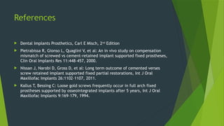 References
 Dental Implants Prosthetics, Carl E Misch, 2nd
Edition
 Pietrabissa R, Gionso L, Quaglini V, et al: An in vivo study on compensation
mismatch of screwed vs cement-retained implant supported fixed prostheses,
Clin Oral Implants Res 11:448–457, 2000.
 Nissan J, Narobi D, Gross D, et al: Long term outcome of cemented verses
screw retained implant supported fixed partial restorations, Int J Oral
Maxillofac Implants 26:1102–1107, 2011.
 Kallus T, Bessing C: Loose gold screws frequently occur in full arch fixed
prostheses supported by osseointegrated implants after 5 years, Int J Oral
Maxillofac Implants 9:169–179, 1994.
 