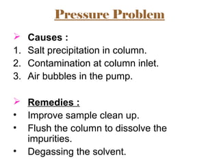 Pressure Problem
 Causes :
1. Salt precipitation in column.
2. Contamination at column inlet.
3. Air bubbles in the pump.
 Remedies :
• Improve sample clean up.
• Flush the column to dissolve the
impurities.
• Degassing the solvent.
 
