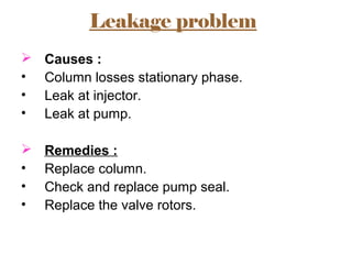Leakage problem
 Causes :
• Column losses stationary phase.
• Leak at injector.
• Leak at pump.
 Remedies :
• Replace column.
• Check and replace pump seal.
• Replace the valve rotors.
 