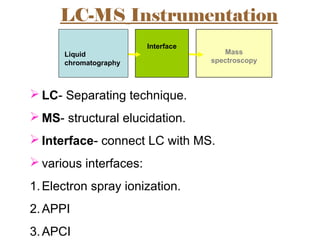 Mass
spectroscopy
Interface
LC-MS Instrumentation
 LC- Separating technique.
 MS- structural elucidation.
 Interface- connect LC with MS.
 various interfaces:
1.Electron spray ionization.
2.APPI
3.APCI
Liquid
chromatography
 