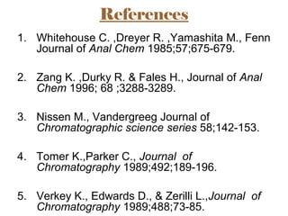 References
1. Whitehouse C. ,Dreyer R. ,Yamashita M., Fenn
Journal of Anal Chem 1985;57;675-679.
2. Zang K. ,Durky R. & Fales H., Journal of Anal
Chem 1996; 68 ;3288-3289.
3. Nissen M., Vandergreeg Journal of
Chromatographic science series 58;142-153.
4. Tomer K.,Parker C., Journal of
Chromatography 1989;492;189-196.
5. Verkey K., Edwards D., & Zerilli L.,Journal of
Chromatography 1989;488;73-85.
 