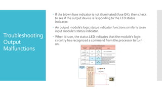 Troubleshooting
Output
Malfunctions
 If the blown fuse indicator is not illuminated (fuse OK), then check
to see if the output device is responding to the LED status
indicator.
 An output module’s logic status indicator functions similarly to an
input module’s status indicator.
 When it is on, the status LED indicates that the module’s logic
circuitry has recognized a command from the processor to turn
on.
 