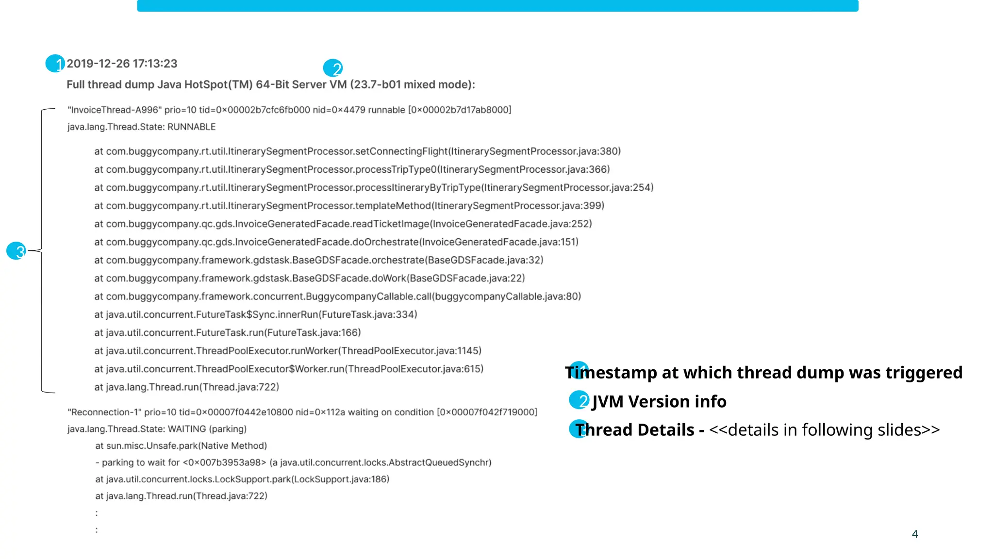 1 2
3
1
Timestamp at which thread dump was triggered
2 JVM Version info
3
Thread Details - <<details in following slides>>
4
 