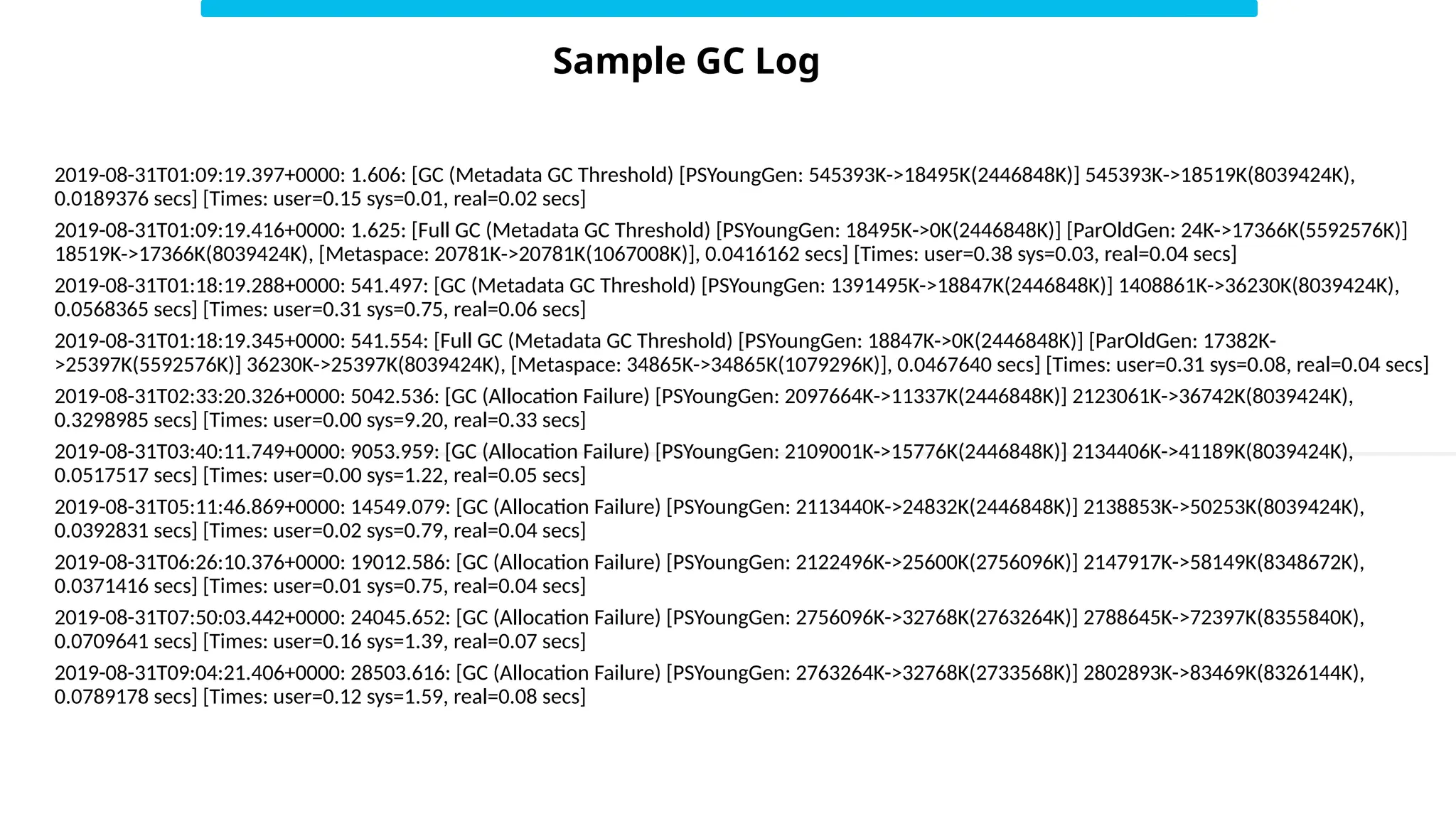2019-08-31T01:09:19.397+0000: 1.606: [GC (Metadata GC Threshold) [PSYoungGen: 545393K->18495K(2446848K)] 545393K->18519K(8039424K),
0.0189376 secs] [Times: user=0.15 sys=0.01, real=0.02 secs]
2019-08-31T01:09:19.416+0000: 1.625: [Full GC (Metadata GC Threshold) [PSYoungGen: 18495K->0K(2446848K)] [ParOldGen: 24K->17366K(5592576K)]
18519K->17366K(8039424K), [Metaspace: 20781K->20781K(1067008K)], 0.0416162 secs] [Times: user=0.38 sys=0.03, real=0.04 secs]
2019-08-31T01:18:19.288+0000: 541.497: [GC (Metadata GC Threshold) [PSYoungGen: 1391495K->18847K(2446848K)] 1408861K->36230K(8039424K),
0.0568365 secs] [Times: user=0.31 sys=0.75, real=0.06 secs]
2019-08-31T01:18:19.345+0000: 541.554: [Full GC (Metadata GC Threshold) [PSYoungGen: 18847K->0K(2446848K)] [ParOldGen: 17382K-
>25397K(5592576K)] 36230K->25397K(8039424K), [Metaspace: 34865K->34865K(1079296K)], 0.0467640 secs] [Times: user=0.31 sys=0.08, real=0.04 secs]
2019-08-31T02:33:20.326+0000: 5042.536: [GC (Allocation Failure) [PSYoungGen: 2097664K->11337K(2446848K)] 2123061K->36742K(8039424K),
0.3298985 secs] [Times: user=0.00 sys=9.20, real=0.33 secs]
2019-08-31T03:40:11.749+0000: 9053.959: [GC (Allocation Failure) [PSYoungGen: 2109001K->15776K(2446848K)] 2134406K->41189K(8039424K),
0.0517517 secs] [Times: user=0.00 sys=1.22, real=0.05 secs]
2019-08-31T05:11:46.869+0000: 14549.079: [GC (Allocation Failure) [PSYoungGen: 2113440K->24832K(2446848K)] 2138853K->50253K(8039424K),
0.0392831 secs] [Times: user=0.02 sys=0.79, real=0.04 secs]
2019-08-31T06:26:10.376+0000: 19012.586: [GC (Allocation Failure) [PSYoungGen: 2122496K->25600K(2756096K)] 2147917K->58149K(8348672K),
0.0371416 secs] [Times: user=0.01 sys=0.75, real=0.04 secs]
2019-08-31T07:50:03.442+0000: 24045.652: [GC (Allocation Failure) [PSYoungGen: 2756096K->32768K(2763264K)] 2788645K->72397K(8355840K),
0.0709641 secs] [Times: user=0.16 sys=1.39, real=0.07 secs]
2019-08-31T09:04:21.406+0000: 28503.616: [GC (Allocation Failure) [PSYoungGen: 2763264K->32768K(2733568K)] 2802893K->83469K(8326144K),
0.0789178 secs] [Times: user=0.12 sys=1.59, real=0.08 secs]
Sample GC Log
 