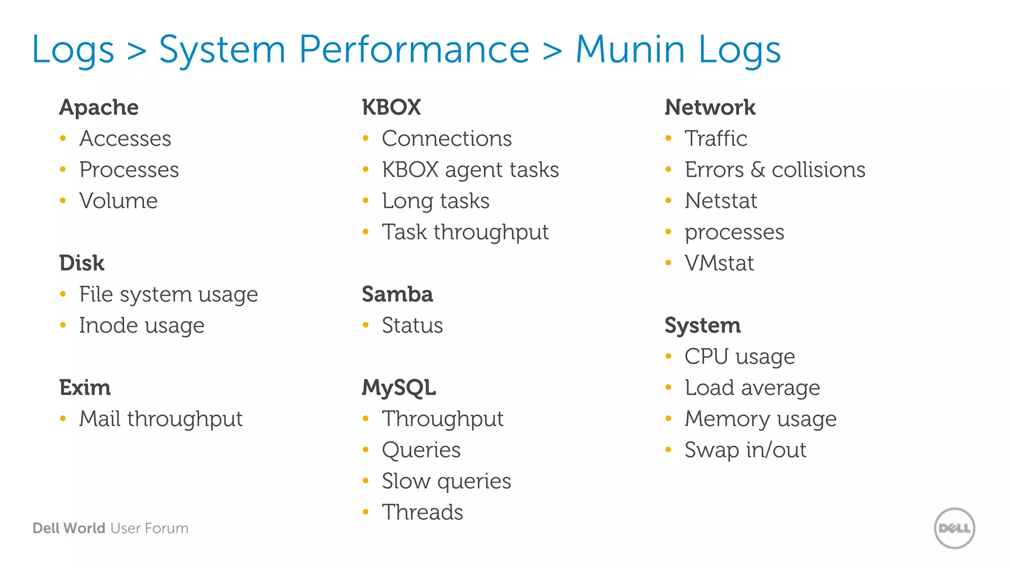 Dell World User Forum
Logs > System Performance > Munin Logs
Apache
• Accesses
• Processes
• Volume
Disk
• File system usage
• Inode usage
Exim
• Mail throughput
KBOX
• Connections
• KBOX agent tasks
• Long tasks
• Task throughput
Samba
• Status
MySQL
• Throughput
• Queries
• Slow queries
• Threads
Network
• Traffic
• Errors & collisions
• Netstat
• processes
• VMstat
System
• CPU usage
• Load average
• Memory usage
• Swap in/out
 