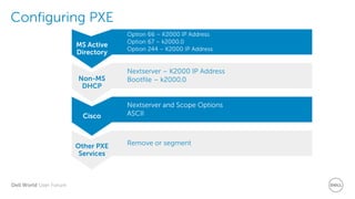 Dell World User Forum
Configuring PXE
MS Active
Directory
Option 66 – K2000 IP Address
Option 67 – k2000.0
Option 244 – K2000 IP Address
Non-MS
DHCP
Nextserver – K2000 IP Address
Bootfile – k2000.0
Cisco
Nextserver and Scope Options
ASCII
Other PXE
Services
Remove or segment
 