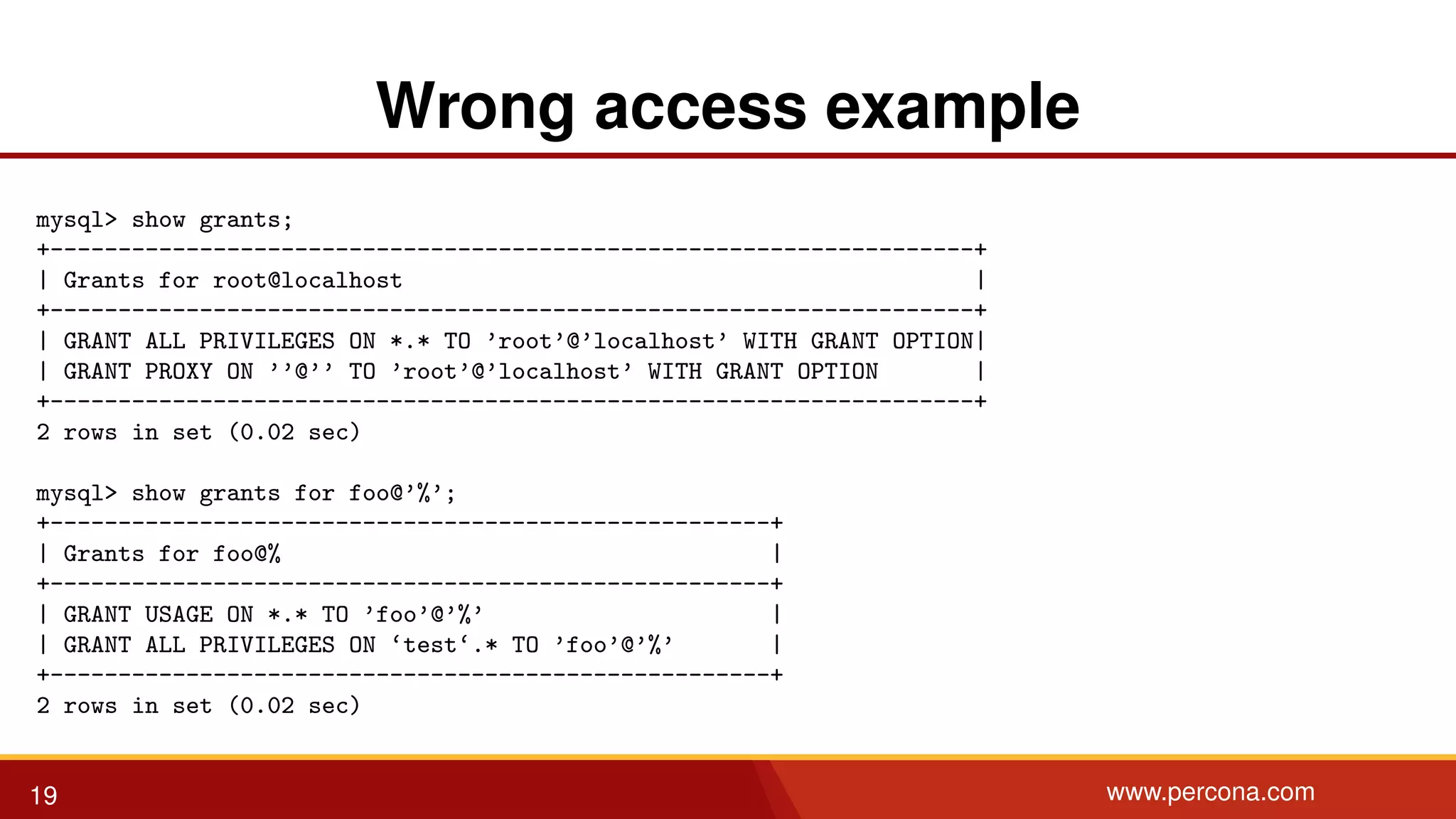 Wrong access example mysql> show grants; +--------------------------------------------------------------------+ | Grants for root@localhost | +--------------------------------------------------------------------+ | GRANT ALL PRIVILEGES ON *.* TO ’root’@’localhost’ WITH GRANT OPTION| | GRANT PROXY ON ’’@’’ TO ’root’@’localhost’ WITH GRANT OPTION | +--------------------------------------------------------------------+ 2 rows in set (0.02 sec) mysql> show grants for foo@’%’; +-----------------------------------------------------+ | Grants for foo@% | +-----------------------------------------------------+ | GRANT USAGE ON *.* TO ’foo’@’%’ | | GRANT ALL PRIVILEGES ON ‘test‘.* TO ’foo’@’%’ | +-----------------------------------------------------+ 2 rows in set (0.02 sec) 19 www.percona.com 