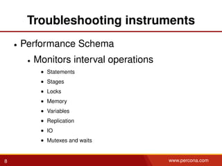 Troubleshooting instruments
• Performance Schema
• Monitors interval operations
• Statements
• Stages
• Locks
• Memory
• Variables
• Replication
• IO
• Mutexes and waits
8 www.percona.com
 