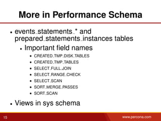 More in Performance Schema
• events statements * and
prepared statements instances tables
• Important ﬁeld names
• CREATED TMP DISK TABLES
• CREATED TMP TABLES
• SELECT FULL JOIN
• SELECT RANGE CHECK
• SELECT SCAN
• SORT MERGE PASSES
• SORT SCAN
• Views in sys schema
15 www.percona.com
 
