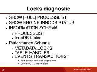 Locks diagnostic
• SHOW [FULL] PROCESSLIST
• SHOW ENGINE INNODB STATUS
• INFORMATION SCHEMA
• PROCESSLIST
• InnoDB tables
• Performance Schema
• METADATA LOCKS
• TABLE HANDLES
• EVENTS TRANSACTIONS *
• Both server-level and engine-level
• Contain GTID information
35 www.percona.com
 