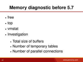Memory diagnostic before 5.7
• free
• top
• vmstat
• Investigation
• Total size of buffers
• Number of temporary tables
• Number of parallel connections
41 www.percona.com
 