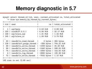 Memory diagnostic in 5.7
mysql> select thread_id tid, user, current_allocated ca, total_allocated
-> from sys.memory_by_thread_by_current_bytes;
+-----+-------------------------+-------------+-----------------+
| tid | user | ca | total_allocated |
+-----+-------------------------+-------------+-----------------+
| 1 | sql/main | 2.53 GiB | 2.69 GiB |
| 150 | root@127.0.0.1 | 4.06 MiB | 32.17 MiB |
| 146 | sql/slave_sql | 1.31 MiB | 1.44 MiB |
| 145 | sql/slave_io | 1.08 MiB | 2.79 MiB |
...
| 60 | innodb/io_read_thread | 0 bytes | 384 bytes |
| 139 | innodb/srv_purge_thread | -328 bytes | 754.21 KiB |
| 69 | innodb/io_write_thread | -1008 bytes | 34.28 KiB |
| 68 | innodb/io_write_thread | -1440 bytes | 298.05 KiB |
| 74 | innodb/io_write_thread | -1656 bytes | 103.55 KiB |
| 4 | innodb/io_log_thread | -2880 bytes | 132.38 KiB |
| 72 | innodb/io_write_thread | -7632 bytes | 1.10 MiB |
+-----+-------------------------+-------------+-----------------+
145 rows in set (2.65 sec)
42 www.percona.com
 