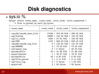 Disk diagnostics
• sys.io %
mysql> select event_name, count_read, total_read, total_requested 
-> from io_global_by_wait_by_bytes;
+-------------------------+------------+------------+-----------------+
| event_name | count_read | total_read | total_requested |
+-------------------------+------------+------------+-----------------+
| innodb/innodb_data_file | 17349 | 274.36 MiB | 289.22 MiB |
| sql/binlog | 16696 | 130.42 MiB | 130.42 MiB |
| sql/io_cache | 1556 | 37.61 MiB | 100.49 MiB |
| sql/FRM | 1137 | 626.03 KiB | 626.03 KiB |
| innodb/innodb_log_file | 8 | 132.50 KiB | 141.50 KiB |
| sql/ERRMSG | 3 | 72.23 KiB | 72.23 KiB |
| sql/query_log | 0 | 0 bytes | 44.02 KiB |
| myisam/dfile | 20 | 21.99 KiB | 21.99 KiB |
| mysys/charset | 1 | 18.27 KiB | 18.27 KiB |
| myisam/kfile | 24 | 6.62 KiB | 6.62 KiB |
| sql/file_parser | 3 | 2.11 KiB | 2.11 KiB |
| sql/slow_log | 0 | 0 bytes | 1.64 KiB |
| mysys/cnf | 3 | 56 bytes | 56 bytes |
...
47 www.percona.com
 