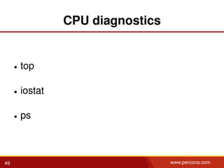 CPU diagnostics
• top
• iostat
• ps
49 www.percona.com
 