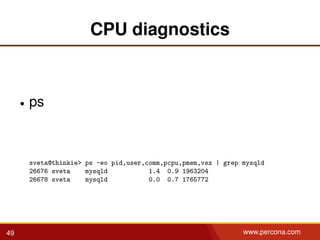 CPU diagnostics
• ps
sveta@thinkie> ps -eo pid,user,comm,pcpu,pmem,vsz | grep mysqld
26676 sveta mysqld 1.4 0.9 1963204
26678 sveta mysqld 0.0 0.7 1765772
49 www.percona.com
 