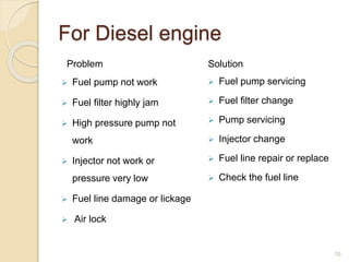 For Diesel engine
Problem
 Fuel pump not work
 Fuel filter highly jam
 High pressure pump not
work
 Injector not work or
pressure very low
 Fuel line damage or lickage
 Air lock
Solution
 Fuel pump servicing
 Fuel filter change
 Pump servicing
 Injector change
 Fuel line repair or replace
 Check the fuel line
10
 
