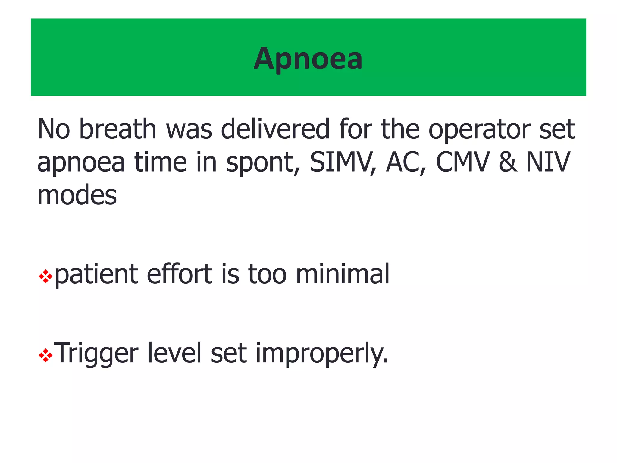 Apnoea
No breath was delivered for the operator set
apnoea time in spont, SIMV, AC, CMV & NIV
modes
patient effort is too minimal
Trigger level set improperly.
 