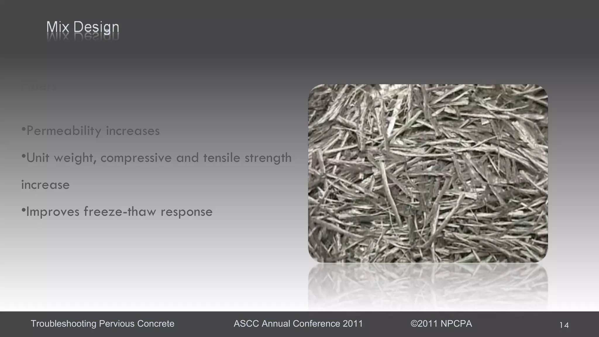 Fibers Permeability increases Unit weight, compressive and tensile strength increase Improves freeze-thaw response 