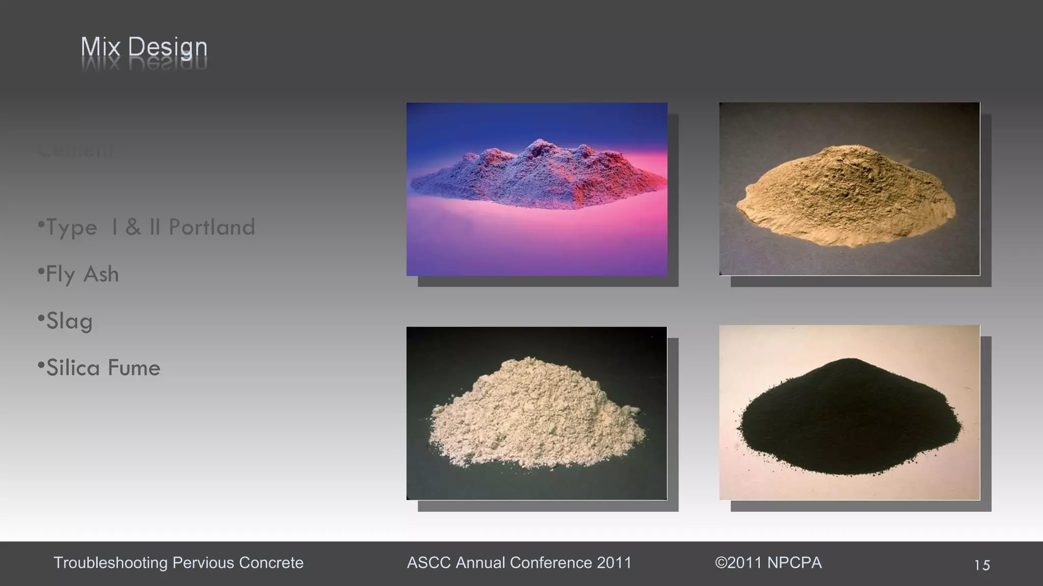 Cement Type  I & II Portland Fly Ash Slag Silica Fume 