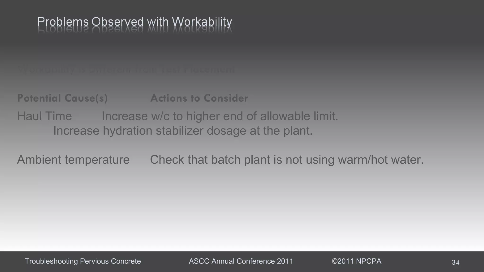 Workability is Different from  Test Placement  Potential Cause(s)  Actions to Consider  Haul Time  Increase w/c to higher end of allowable limit.  Increase hydration stabilizer dosage at the plant.  Ambient temperature  Check that batch plant is not using warm/hot water.  