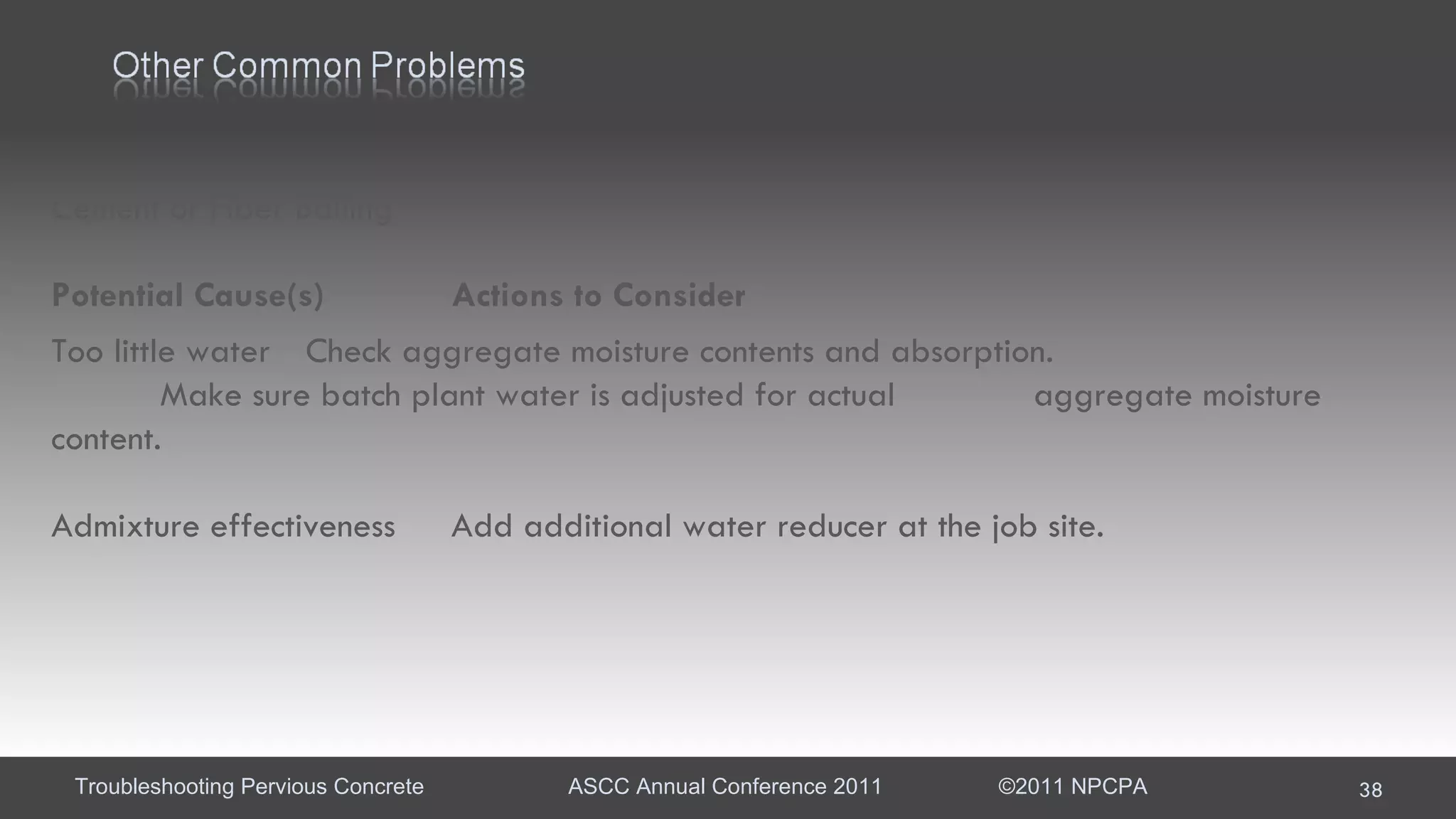 Cement or Fiber Balling Potential Cause(s)  Actions to Consider  Too little water  Check aggregate moisture contents and absorption.  Make sure batch plant water is adjusted for actual  aggregate moisture content.  Admixture effectiveness  Add additional water reducer at the job site. 
