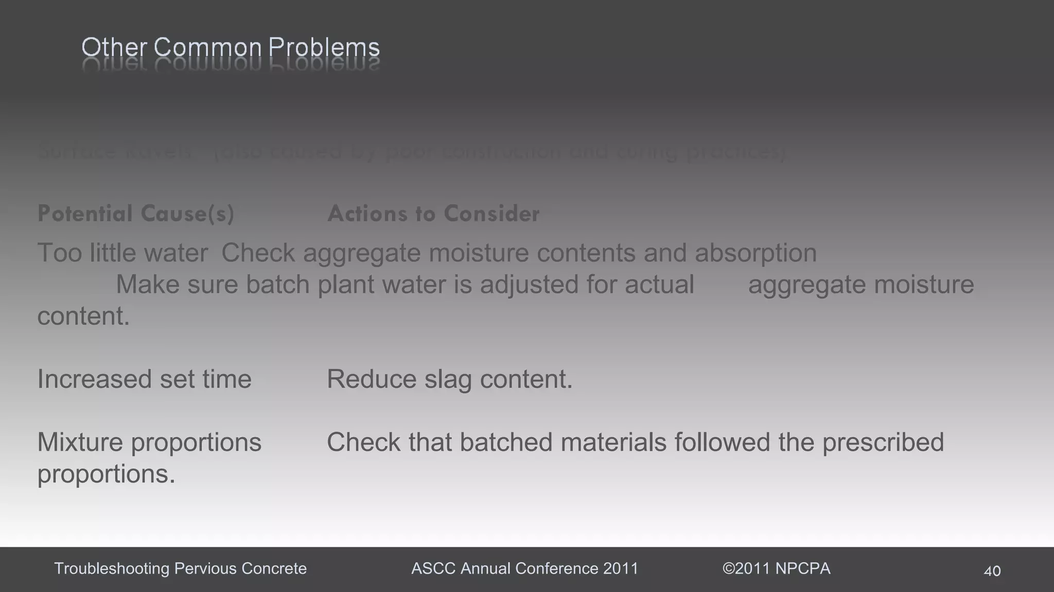 Surface Ravels  (also caused by poor construction and curing practices) Potential Cause(s)  Actions to Consider  Too little water  Check aggregate moisture contents and absorption  Make sure batch plant water is adjusted for actual  aggregate moisture content.  Increased set time Reduce slag content. Mixture proportions  Check that batched materials followed the prescribed  proportions. 