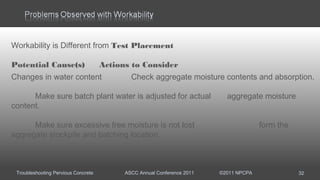 Troubleshooting Pervious Concrete ASCC Annual Conference 2011 ©2011 NPCPA 32
Workability is Different from Test Placement
Potential Cause(s) Actions to Consider
Changes in water content Check aggregate moisture contents and absorption.
Make sure batch plant water is adjusted for actual aggregate moisture
content.
Make sure excessive free moisture is not lost form the
aggregate stockpile and batching location.
 