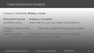 Troubleshooting Pervious Concrete ASCC Annual Conference 2011 ©2011 NPCPA 35
Changes in Workability Within a Load
Potential Cause(s) Actions to Consider
Insufficient mixing Check that the truck has at least 100 revolutions.
Changes in water content Make mix is adjusted for aggregate moisture
content.
Admixture dosage Check ticket for correct admixtures and dosages.
Increase hydration stabilizer dosage at the plant.
Admixture effectiveness Use a water reducer with a longer working time.
Use a moisture retaining admixture.
 