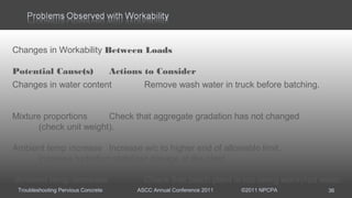 Troubleshooting Pervious Concrete ASCC Annual Conference 2011 ©2011 NPCPA 36
Changes in Workability Between Loads
Potential Cause(s) Actions to Consider
Changes in water content Remove wash water in truck before batching.
Mixture proportions Check that aggregate gradation has not changed
(check unit weight).
Ambient temp increase Increase w/c to higher end of allowable limit.
Increase hydration stabilizer dosage at the plant.
Ambient temp decrease Check that batch plant is not using warm/hot water.
 