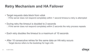 Retry Mechanism and HA Failover
• Target requests data block from vdisk
ᵒIf the server does not respond completely within 1 second timeout a retry is attempted

• During retry the timeout is doubled to 2 seconds
ᵒIf the server does not respond completely within 2 seconds the retry process repeats

• Each retry doubles the timeout to a maximum of 10 seconds

• After 10 consecutive retries for the same data an HA retry occurs
ᵒTarget device refers to the bootstrap for login info

41

© 2013 Citrix

 