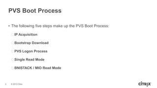 PVS Boot Process
• The following five steps make up the PVS Boot Process:
ᵒIP Acquisition
ᵒBootstrap Download
ᵒPVS Logon Process
ᵒSingle Read Mode

ᵒBNISTACK / MIO Read Mode

9

© 2013 Citrix

 
