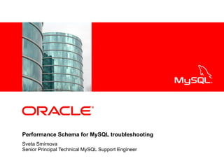 <Insert Picture Here>

Performance Schema for MySQL troubleshooting
Sveta Smirnova
Senior Principal Technical MySQL Support Engineer

 